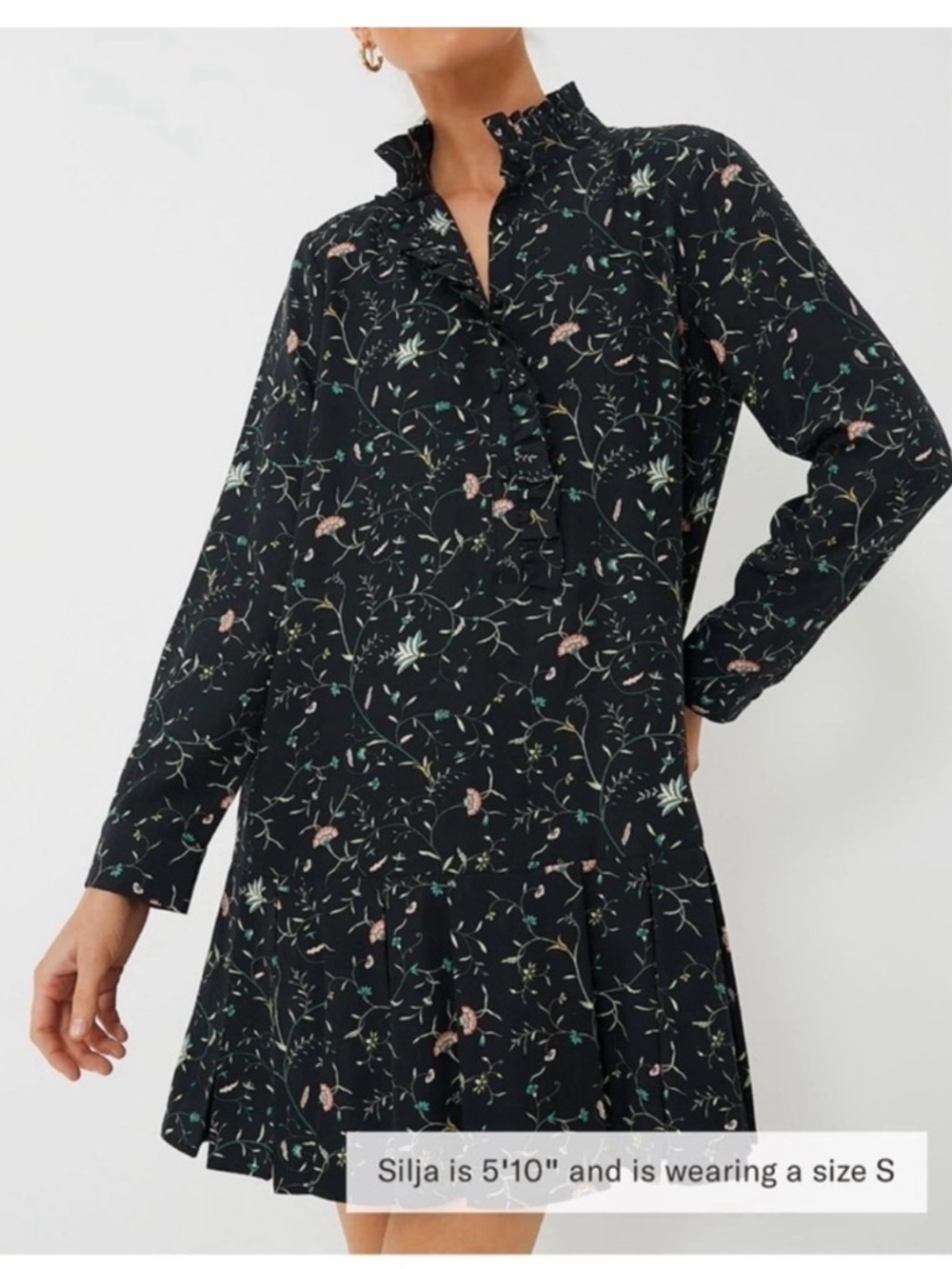 Tuckernuck Black Floral Long-Sleeve Ruffle-Trim Dress